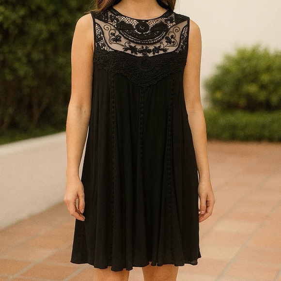 Entro small Black Lace Sleeveless Trapeze Swing Boho Dress - Picture 1 of 12